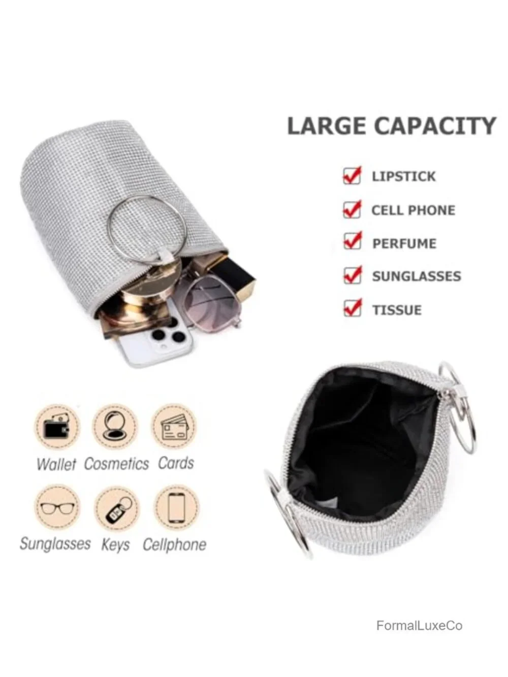 Rhinestone Top Handle Evening Bag Sparkly Clutch Purse Mini Bucket Handbag for